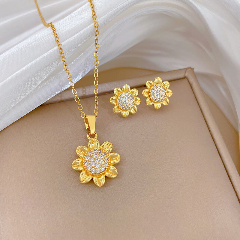 Sweet Minimalist Rhinestone Inlaid Plant Titanium Steel Necklace Set for Unisex