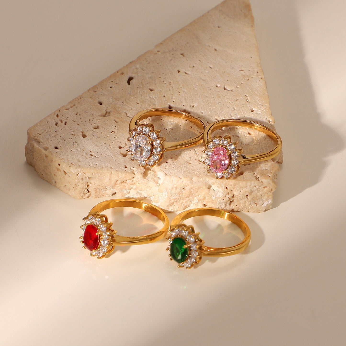 Trendy 18K Gold Plated Double Layer Oval CZ Ring Stainless Steel Bezel Set Women's Jewelry