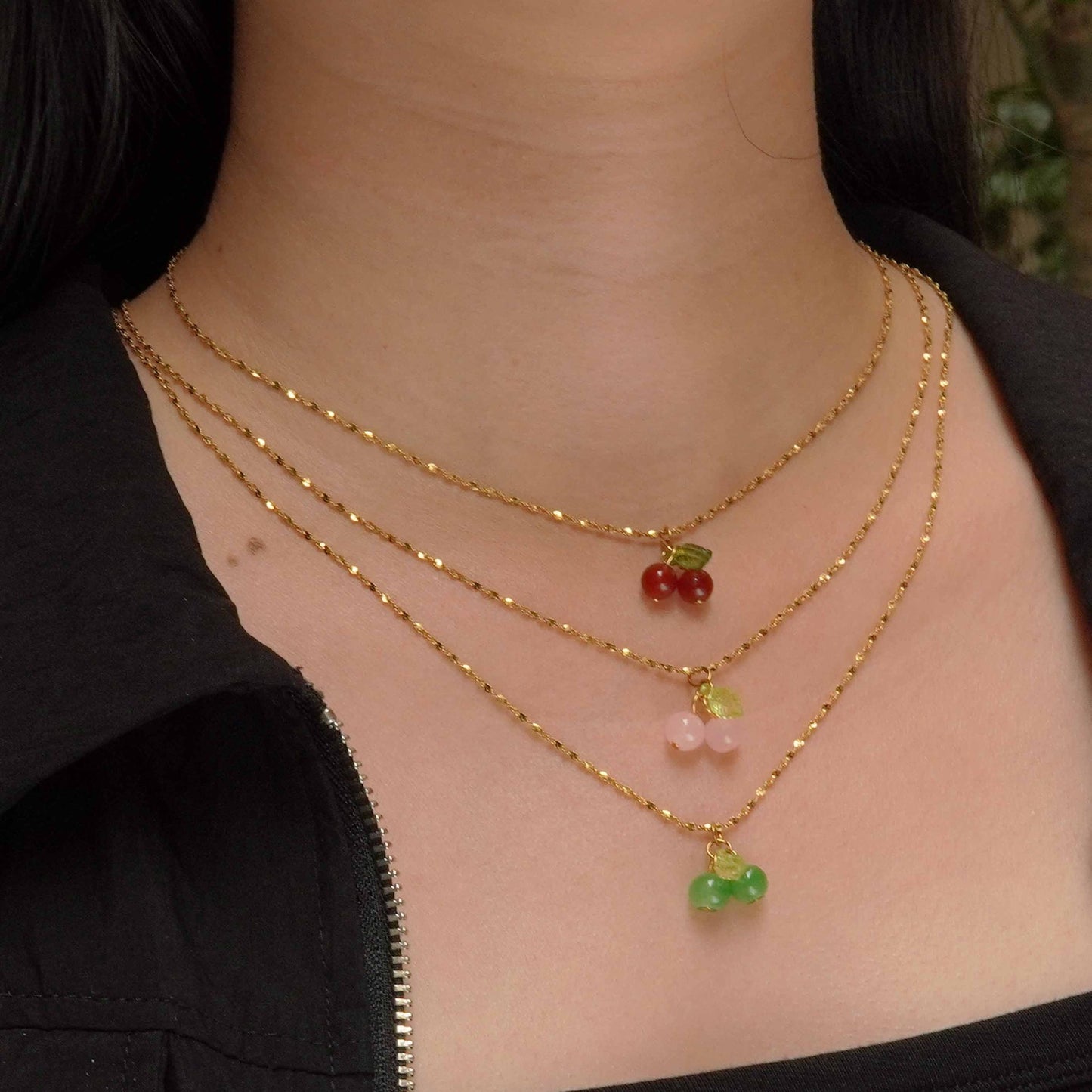 Sweet Cherry Titanium Steel Plated Necklace and Earring Set for Women
