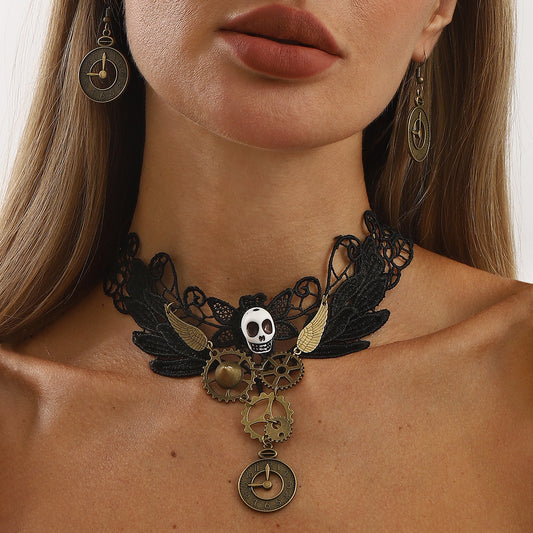 Vintage Clock-Shaped Alloy Necklace and Earrings Set with Lace Gear Design for Women