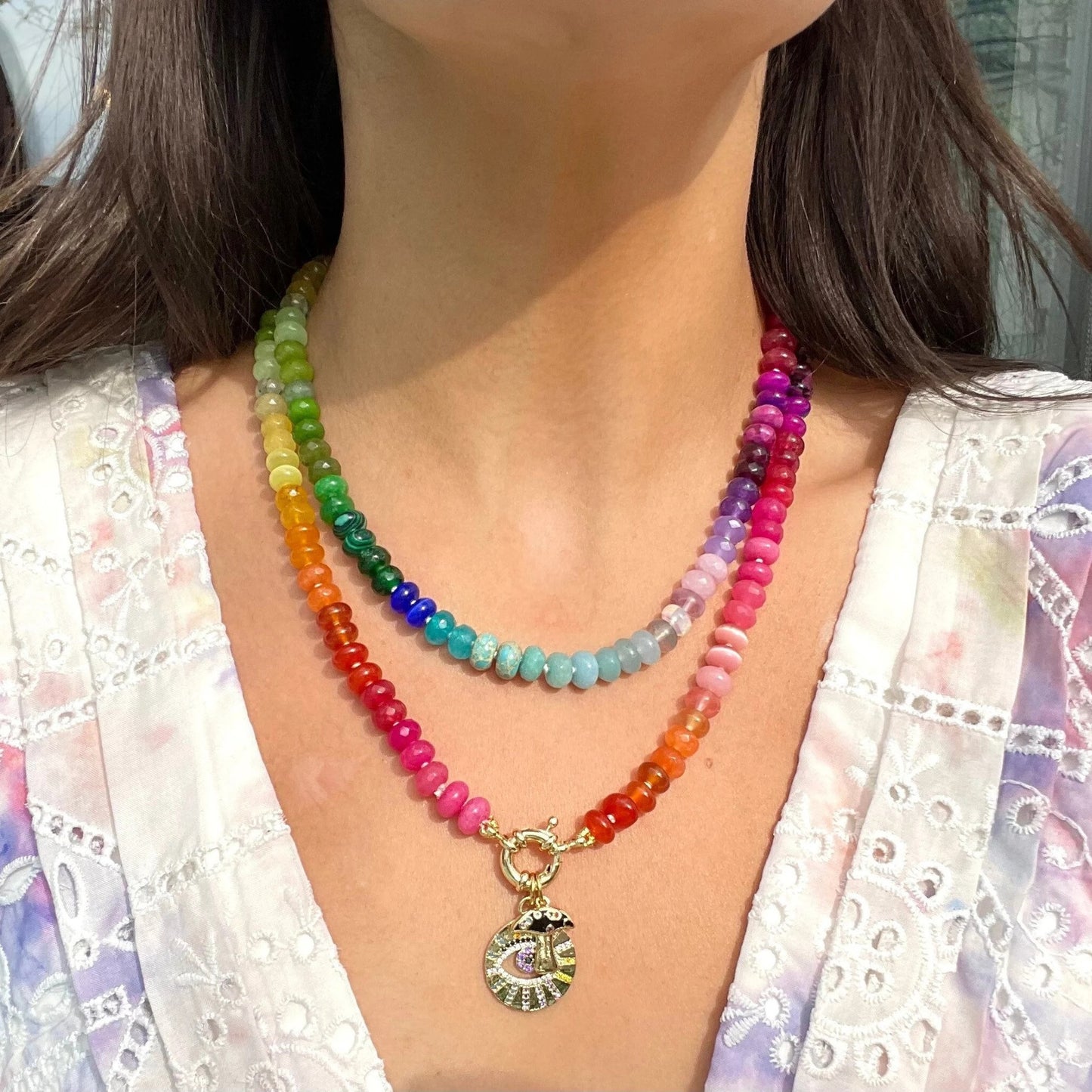 Colorful Geometric Round Pendant Stainless Steel Plated Necklace for Women DIY Charm Bar
