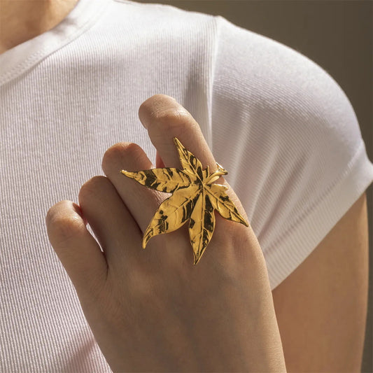 Fashion-Forward Maple Leaf-Shaped Titanium Steel Ring with PVD Vacuum Gold Plating for Women