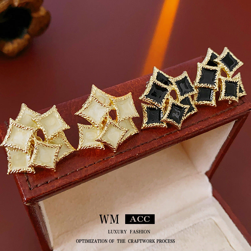 Vintage French-Style Geometric Square Enamel Earrings with Stainless Steel Posts for Women