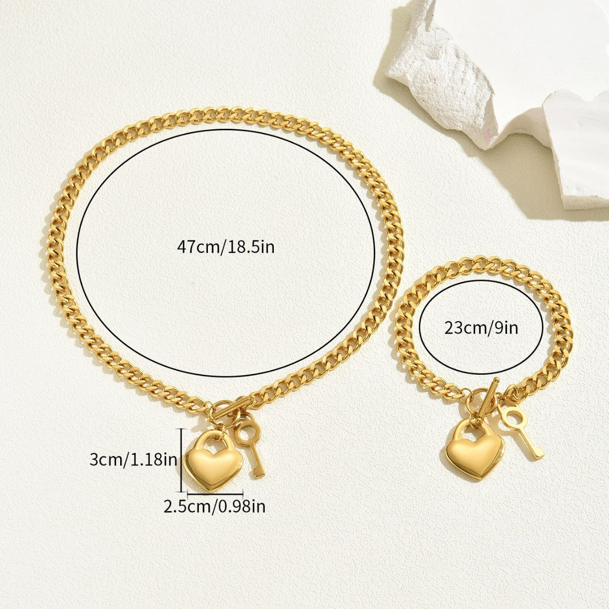 Set collana e bracciale da donna con ciondolo a cuore placcato oro 18 carati in lega di rame