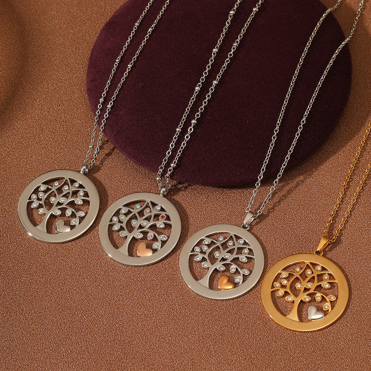 Collana con ciondolo a cuore Albero della Vita minimalista da donna in acciaio al titanio con intarsio di strass e finitura placcata