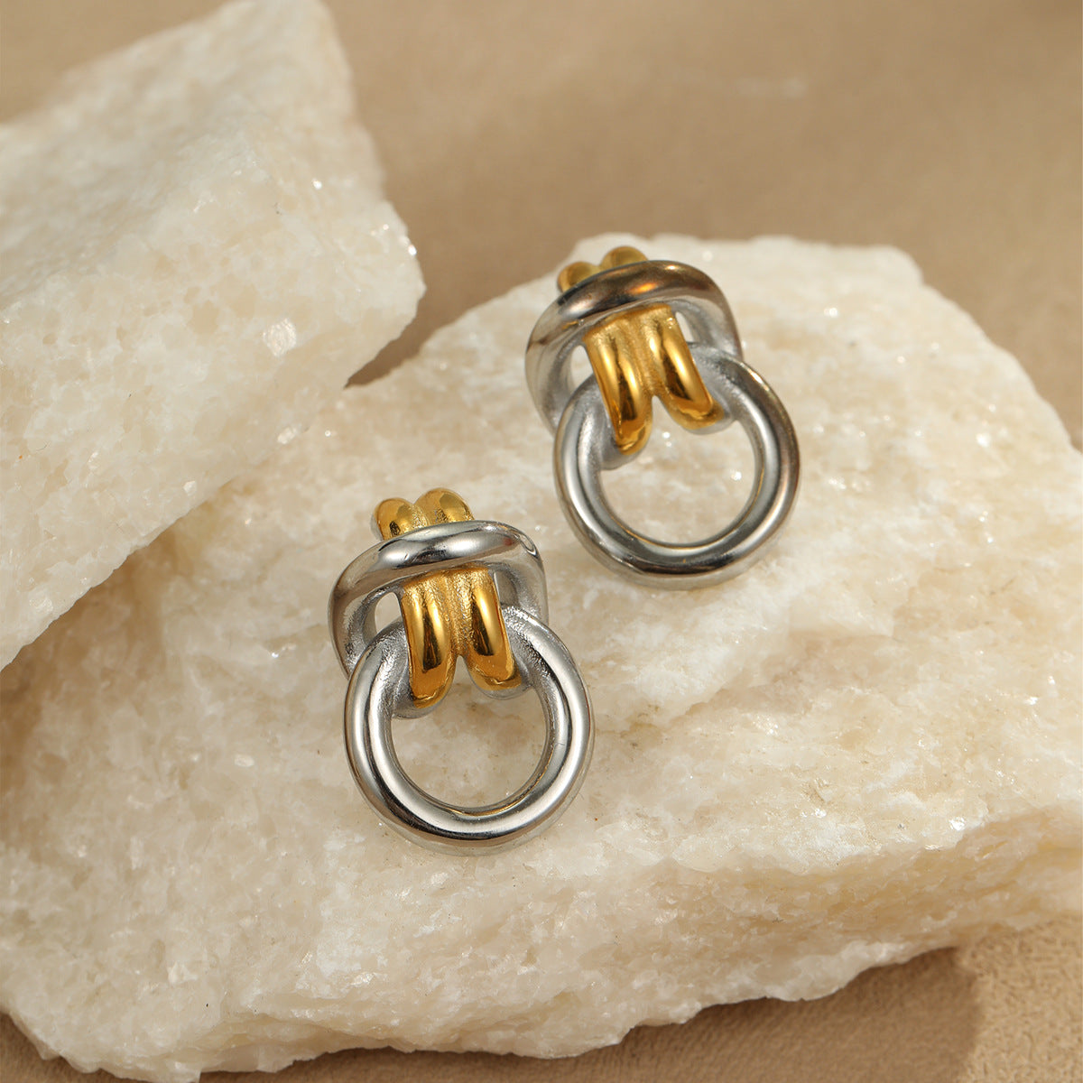Pendientes de acero inoxidable geométricos de moda con chapado en oro de 18 quilates, diseño de doble aro hipoalergénico para mujer