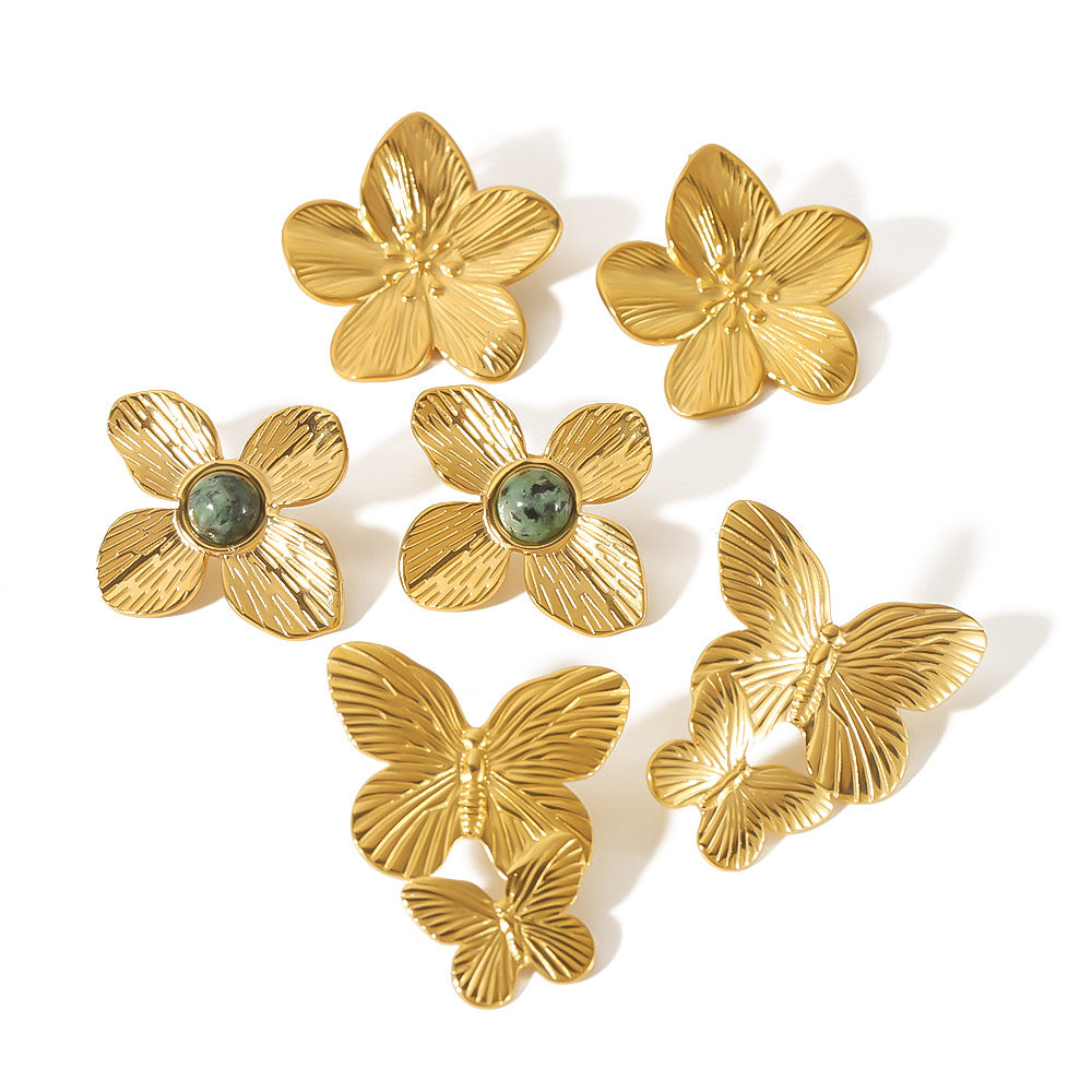 Vintage-Style Butterfly-Shaped Stainless Steel Earrings with 18K Gold Plating for Women
