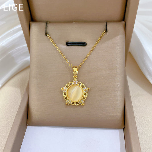 Cartoon Style Star and Moon Pendant Necklace for Women Stainless Steel Hollow Out Geometric Design Luxury Collarbone Chain with Rhinestone Accents