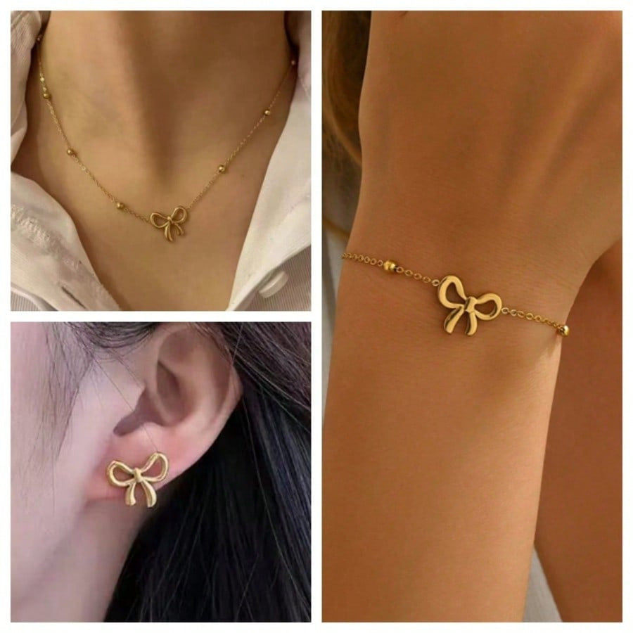 Elegante Set Collana Bracciale Orecchini in Acciaio Inox Placcato Oro 18K a Fiocco