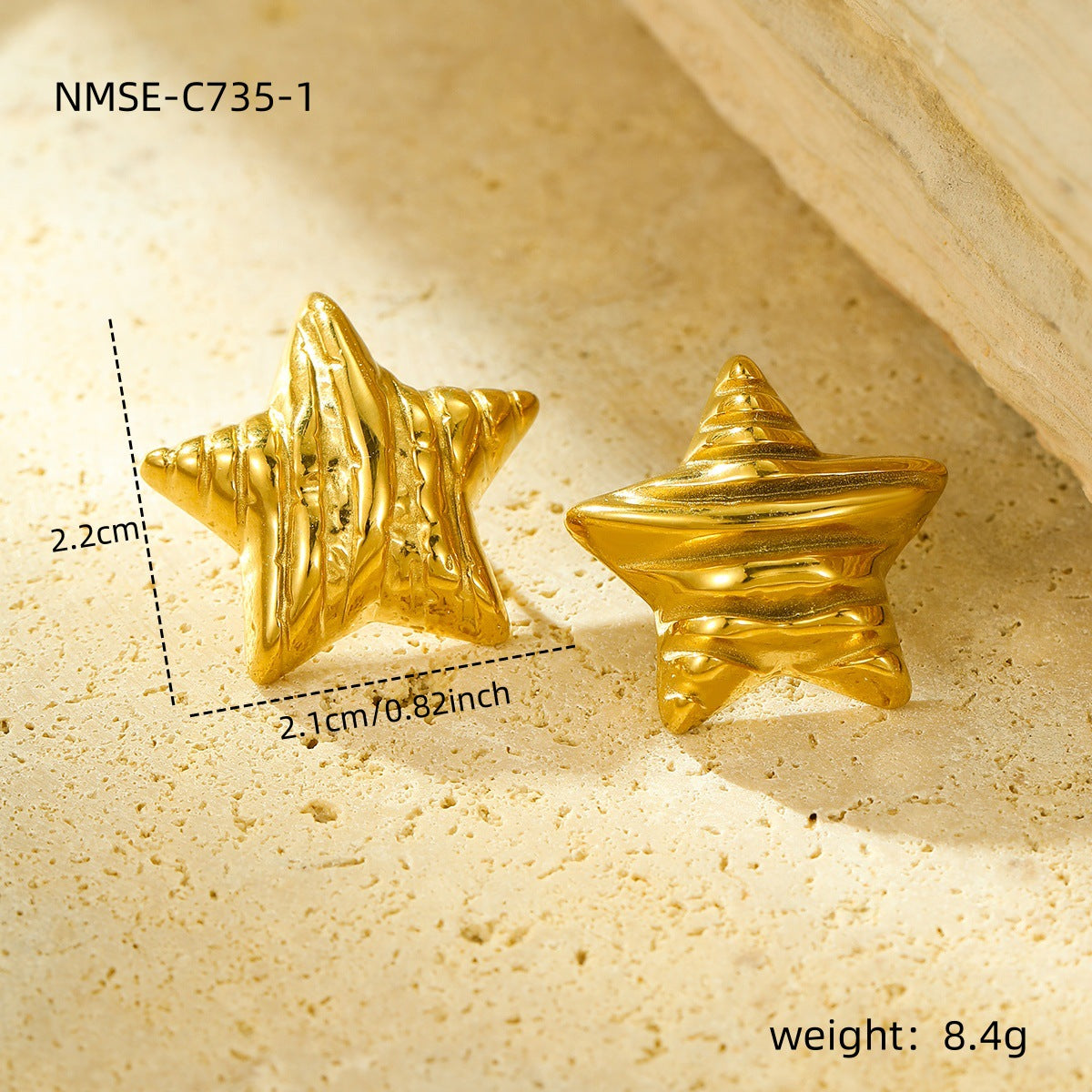 Pendientes de acero de titanio con forma de estrella minimalista, superficie texturizada arrugada y chapado en oro para mujer