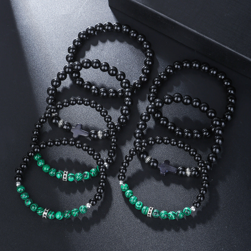 Black Cross Geometric Agate Beaded Stretch Bracelet Set
