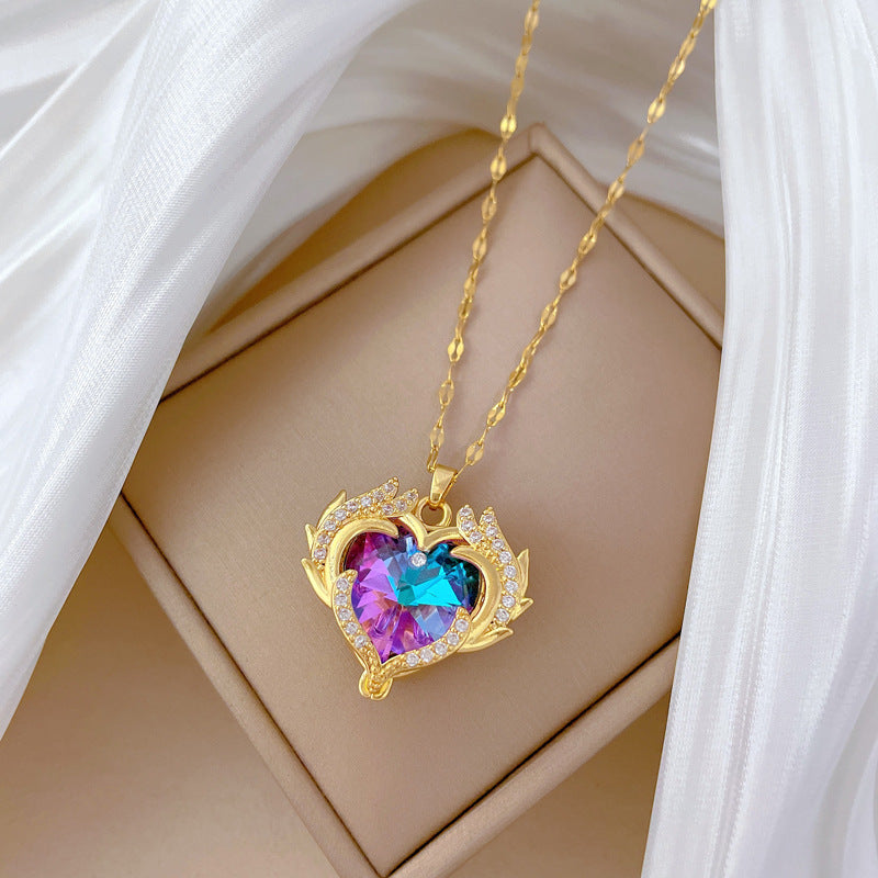 Collana Unisex in Acciaio Inossidabile a Forma di Cuore in Stile Cartone Animato con Intarsio di Strass, Catena a Medaglione Minimalista
