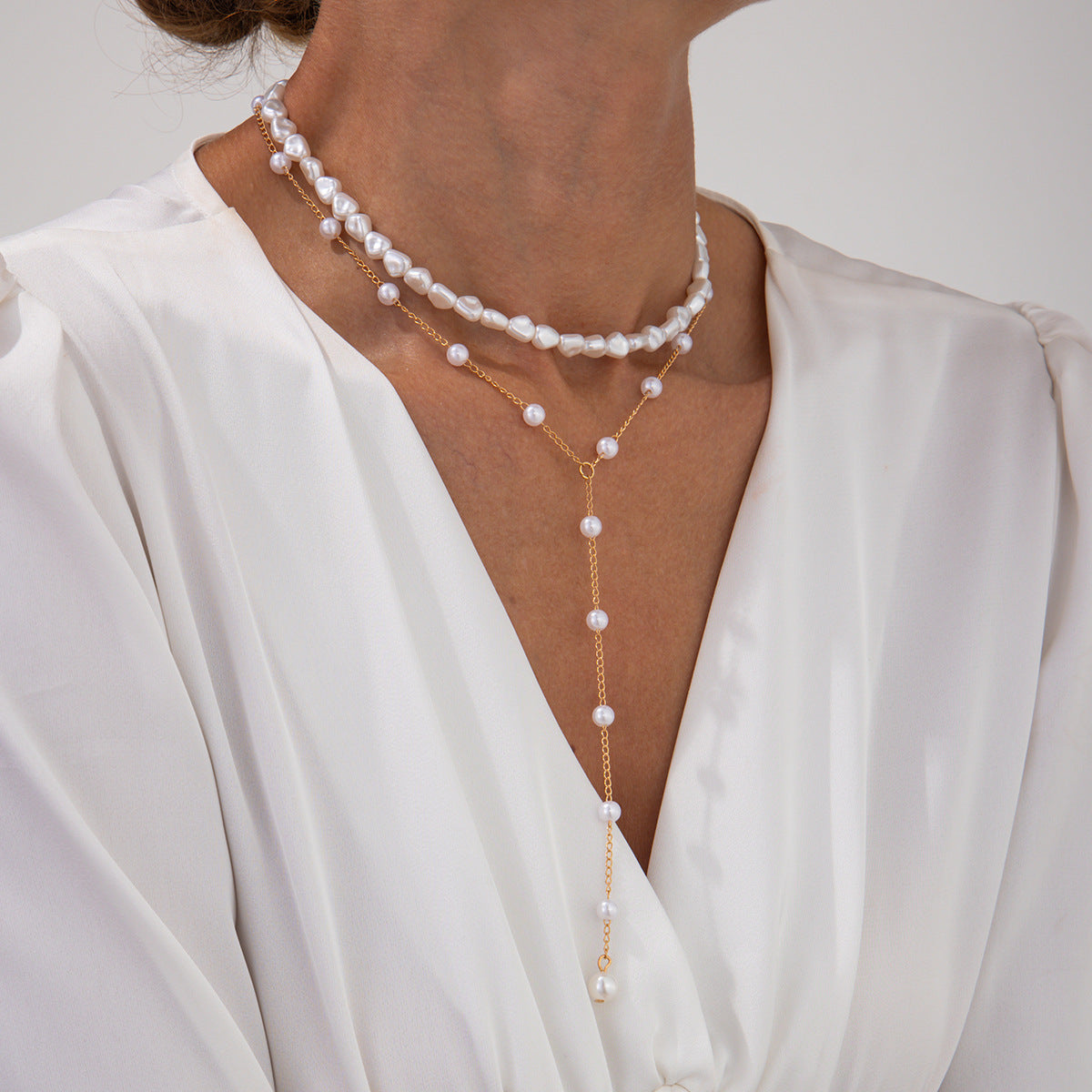 Geometric Faux Pearl Tassel Multi-Layer Choker Necklace for Women