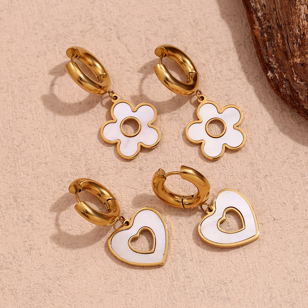 Fashionable Minimalist Heart and Floral Stainless Steel Earrings with 18K Gold Plating Hollow Seashell Pendant and Thick Hoop Design
