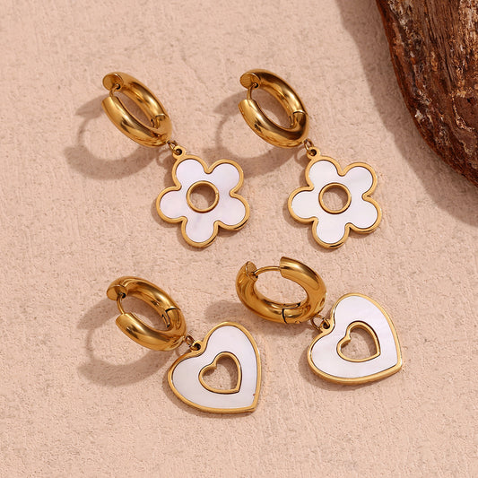 Fashionable Minimalist Heart and Floral Stainless Steel Earrings with 18K Gold Plating Hollow Seashell Pendant and Thick Hoop Design