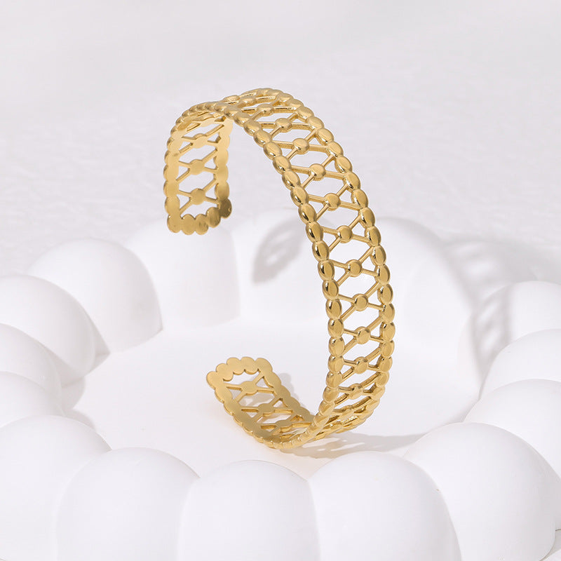 Minimalist French Vintage Titanium Steel Bracelet with 18K Gold Plating and Hollow-Out Design Stainless Steel Bangle
