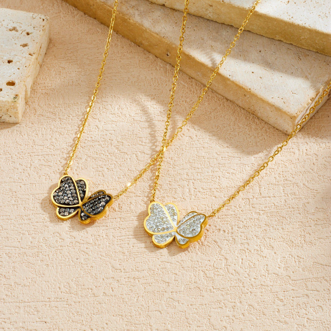 Elegant Gold Plated Stainless Steel Butterfly Necklace with Rhinestone Inlay and Cable Chain for Women