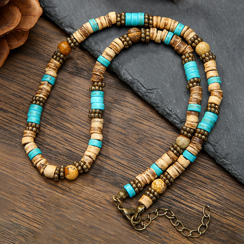Bohemian Geometric Wood Turquoise Ball Chain Necklace Unisex