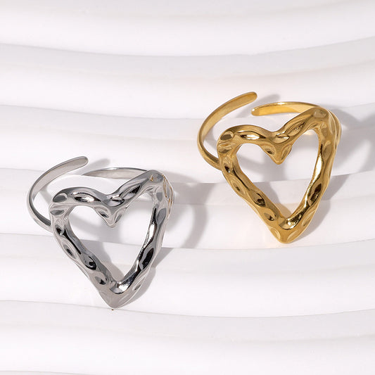 Sweet Minimalist Heart-Shaped Stainless Steel Adjustable Ring with 18K Gold Plating for Women