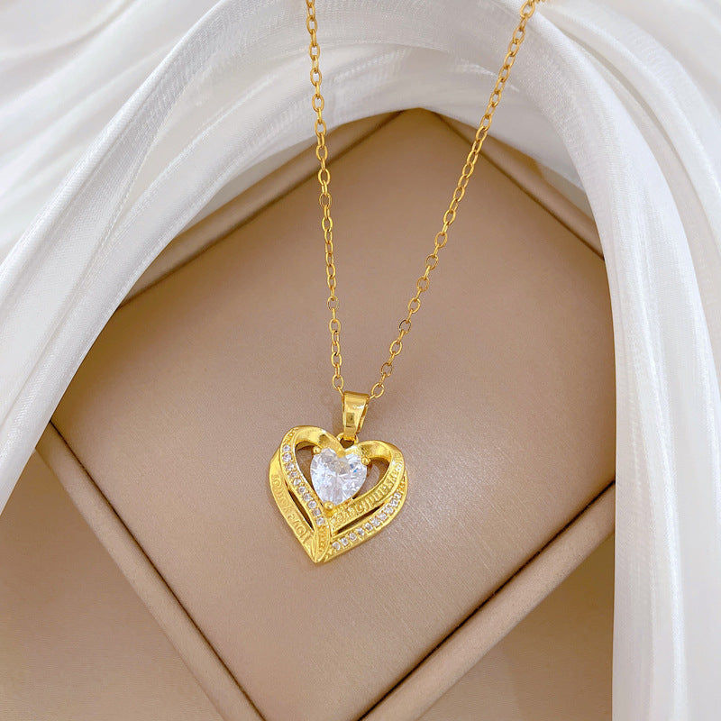 Sweet Minimalist Hollow Double-Layer Heart Rhinestone Titanium Steel Necklace for Women and Men