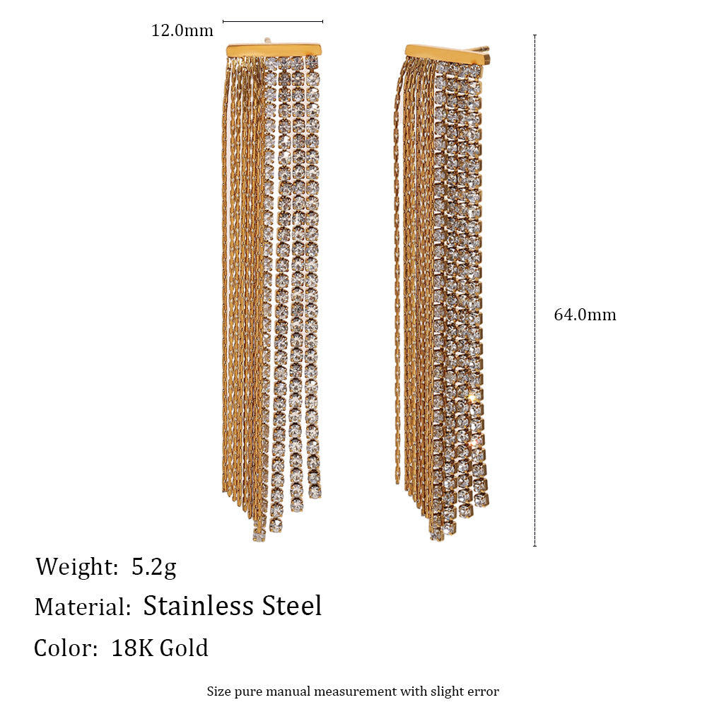 Luxury Geometric Stainless Steel Earrings with 18K Gold Plating Rhinestone Chain and Tassel Detail