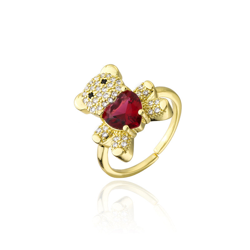 INS Style Adjustable Open Ring with Bear and Heart Motif in Copper with Micro-Pave Setting