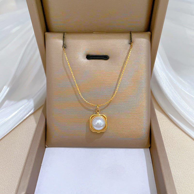 Minimalist Geometric Titanium Steel Pendant Necklace for Women and Men with Gold Plating and Pearl Accent, Clavicle Chain Style