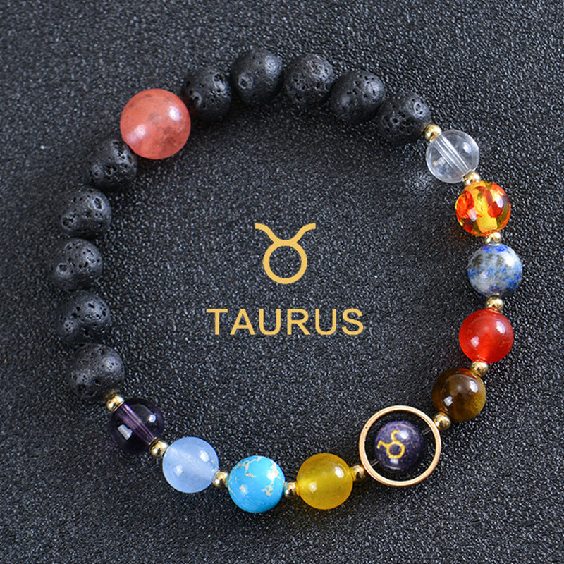 Unisex Zodiac Blue Sandstone Volcanic Stone Crystal Beaded Bracelet
