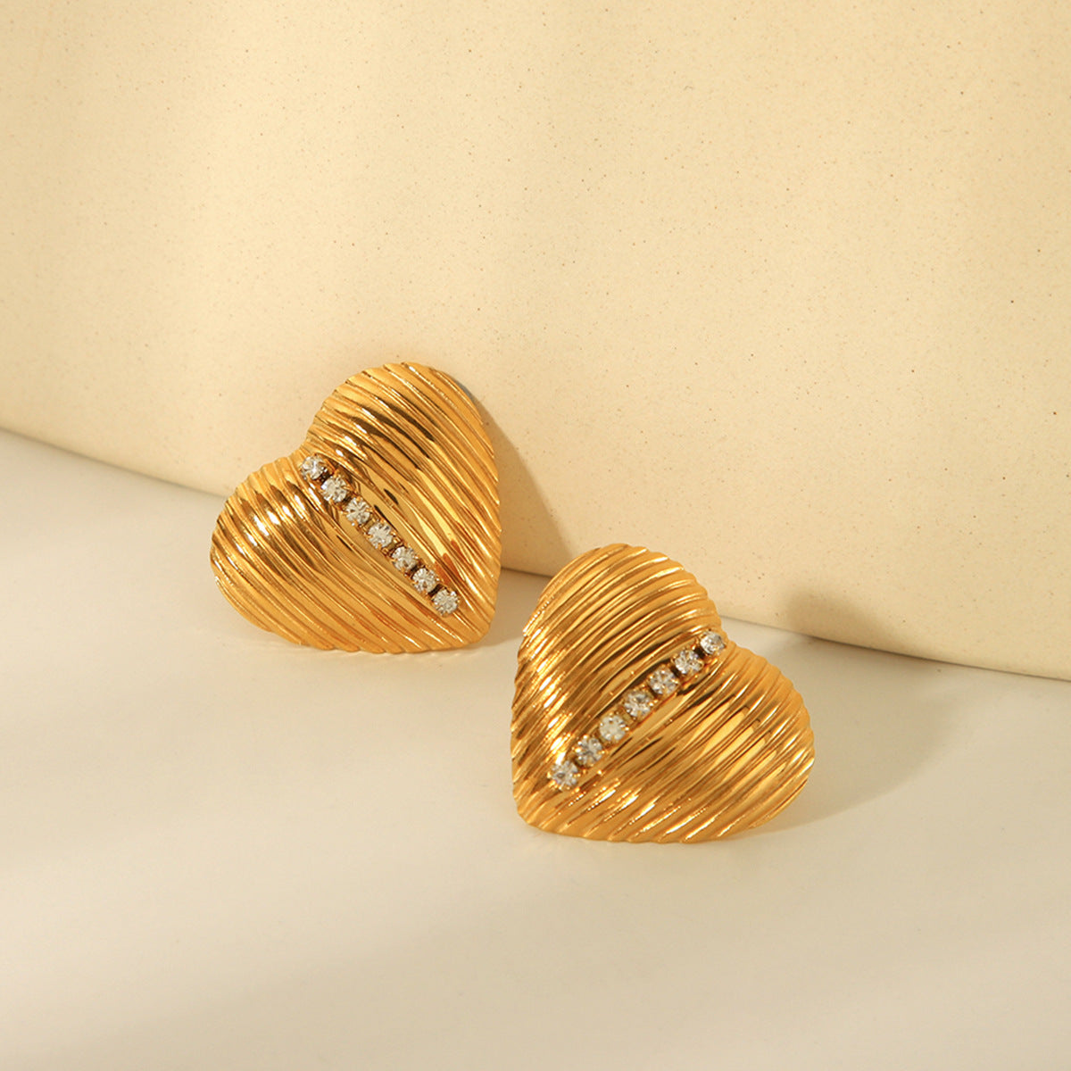 Trendy 18K Gold Plated Stainless Steel Heart Stud Earrings with Rhinestone Inlay for Women
