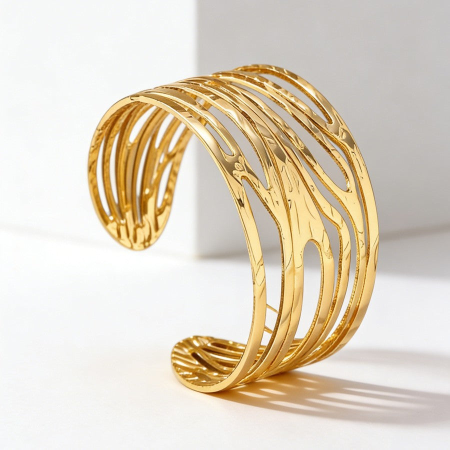 Bracciale a Polsino Minimalista Geometrico Cavo Aperto in Acciaio Inossidabile con Pressione dell'Olio