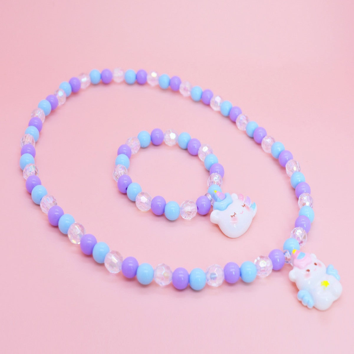 Collana in resina unicorno cartone animato per bambini con catena di perline rotonde, ciondolo a forma di animale fatto a mano, gioielli collezione principessa