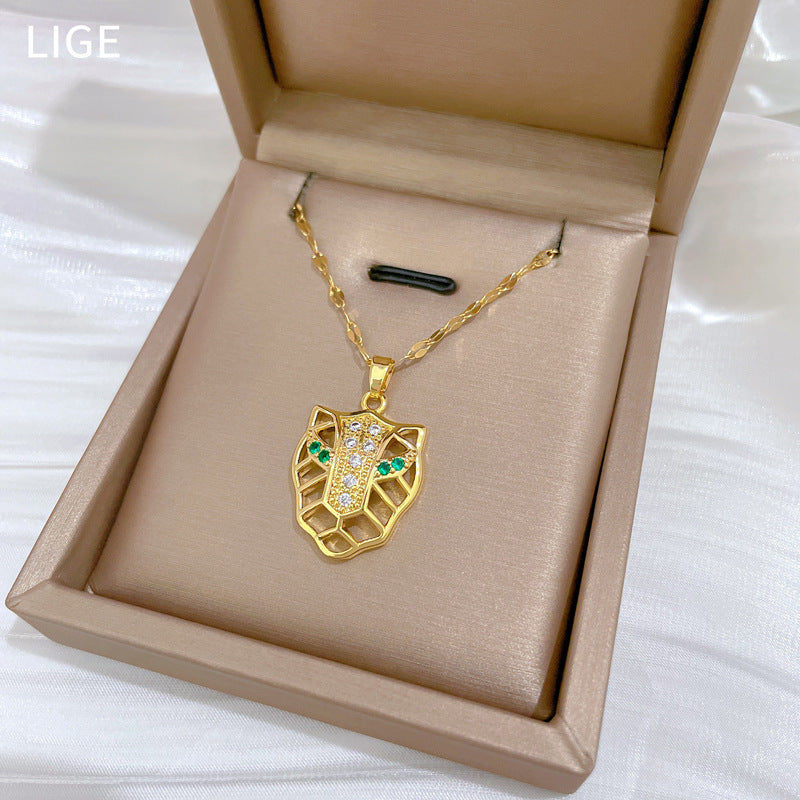 Luxury Leopard Head Pendant Necklace for Women Stainless Steel Snake Chain with Rhinestone Accents Geometric Design