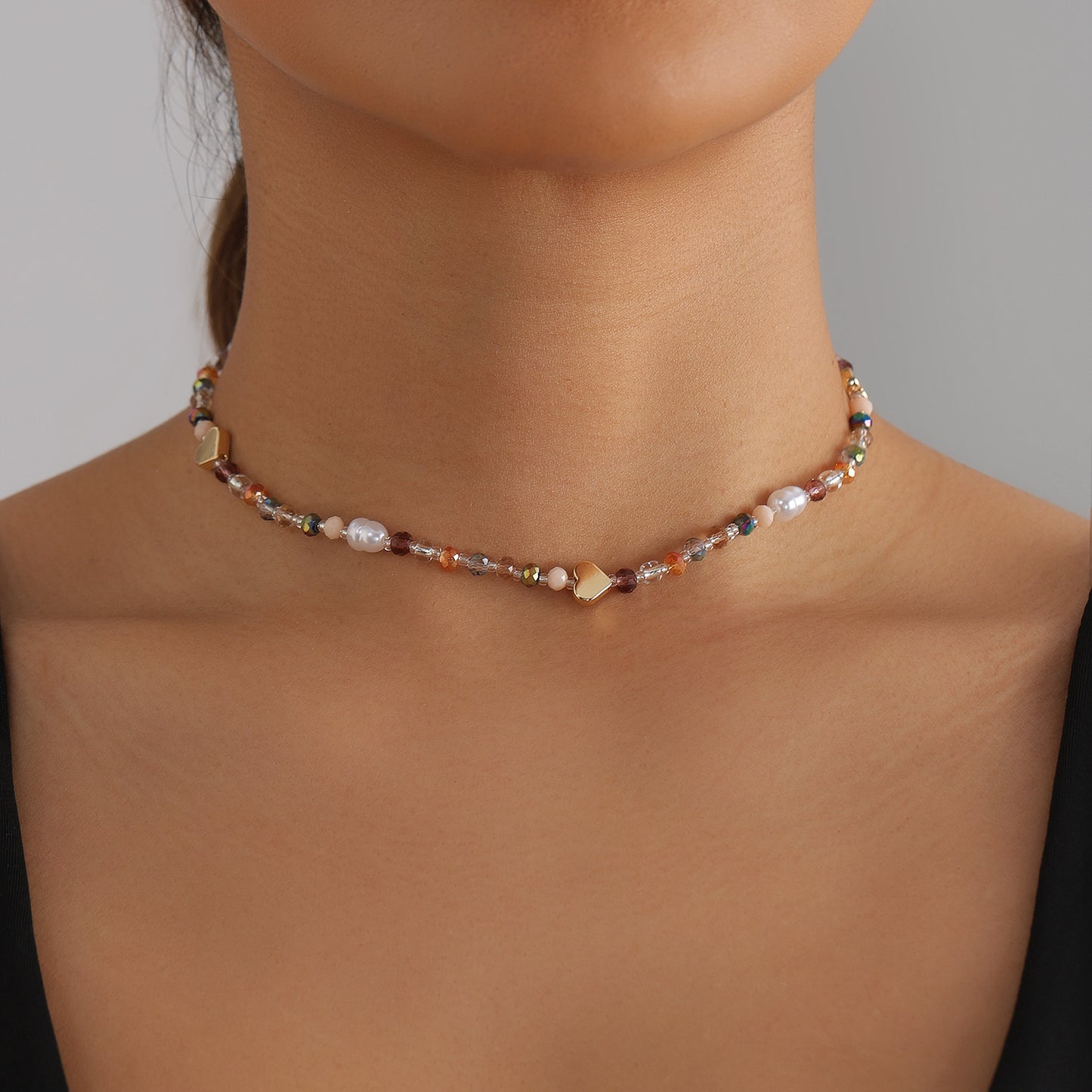 Casual Colorful Crystal Heart Geometric Alloy Plated Necklace for Unisex