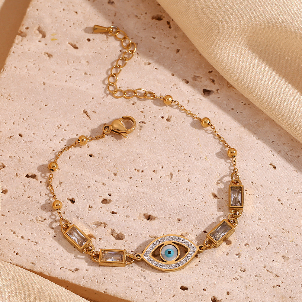 Bracciale da donna alla moda con occhio di Allah in zircone bianco a rettangolo geometrico, in acciaio inossidabile placcato oro 18K