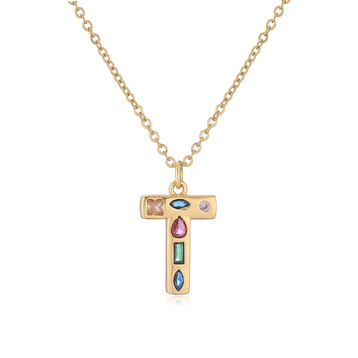 Minimalist Letter Shape Copper Pendant Necklace with 18K Gold Plating and Colored Zircon Inlay for Women