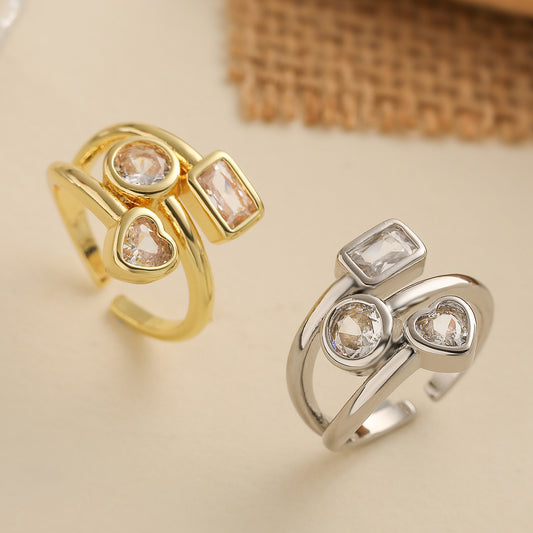Anillo abierto geométrico minimalista de cobre con baño de oro real e incrustaciones de circonitas para mujer