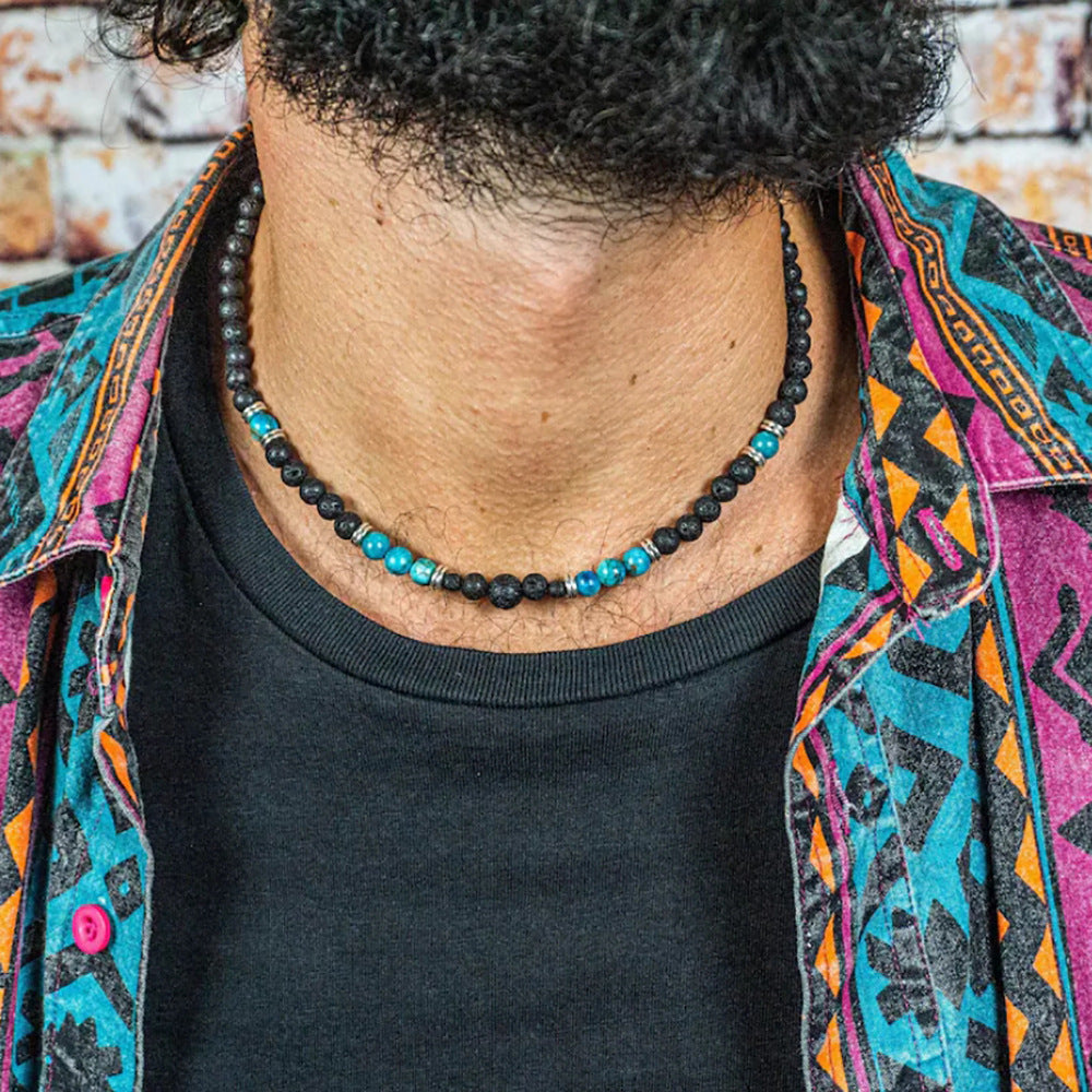Hip-hop Geometric Round Turquoise Beaded Necklace Stainless Steel Unisex