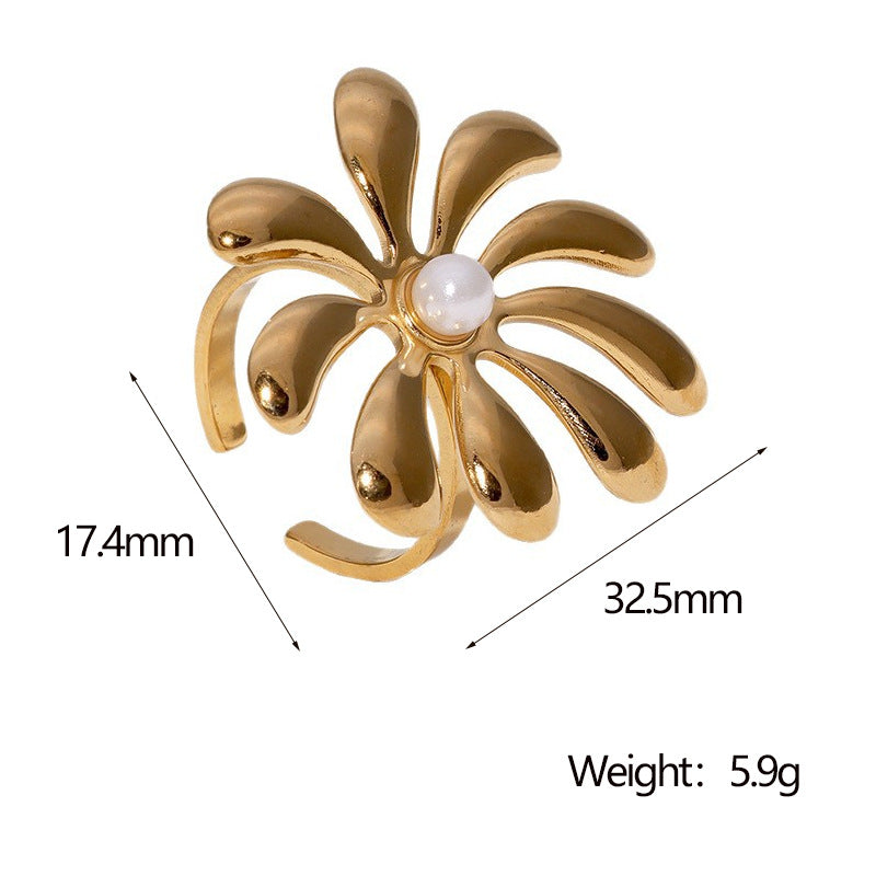 Minimalist Floral Open-End Adjustable Ring for Women Made of Stainless Steel with 18K Gold Plating