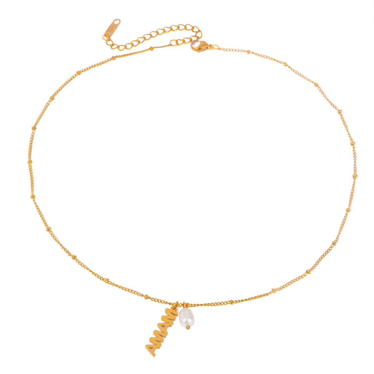 Ins Style 18K Gold Plated Stainless Steel Mama Letter Pendant with Freshwater Pearl Snake Chain Necklace for Women