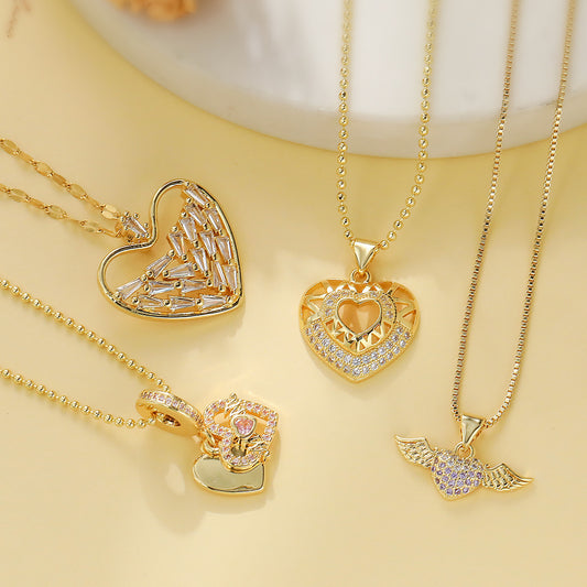 Minimalist Heart-Shaped Copper Pendant Necklace with Real Gold Plating and Zircon Accents for Women