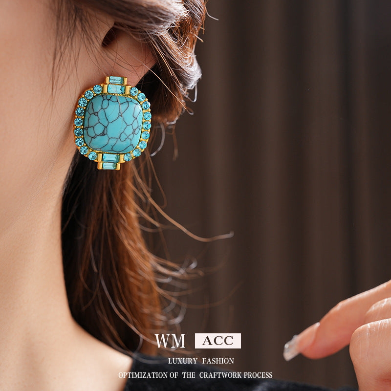 Vintage Geometric Turquoise-Inlaid Stud Earrings with Rhinestone Accents for Women