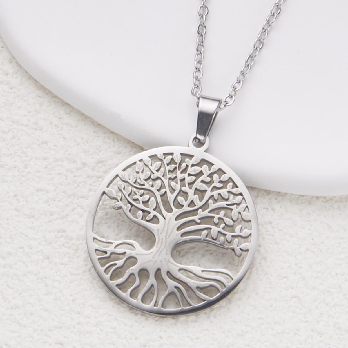 Minimalist Hollow Tree of Life Pendant Necklace for Women and Men in Stainless Steel with Titanium Steel Charm and Plated Finish