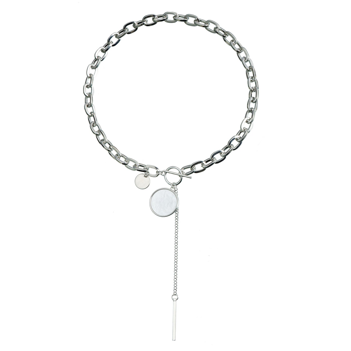 Collar de Clavícula Minimalista Geométrico en Blanco y Negro con Nácar, Cadena de Aleación y Acabado Galvanizado