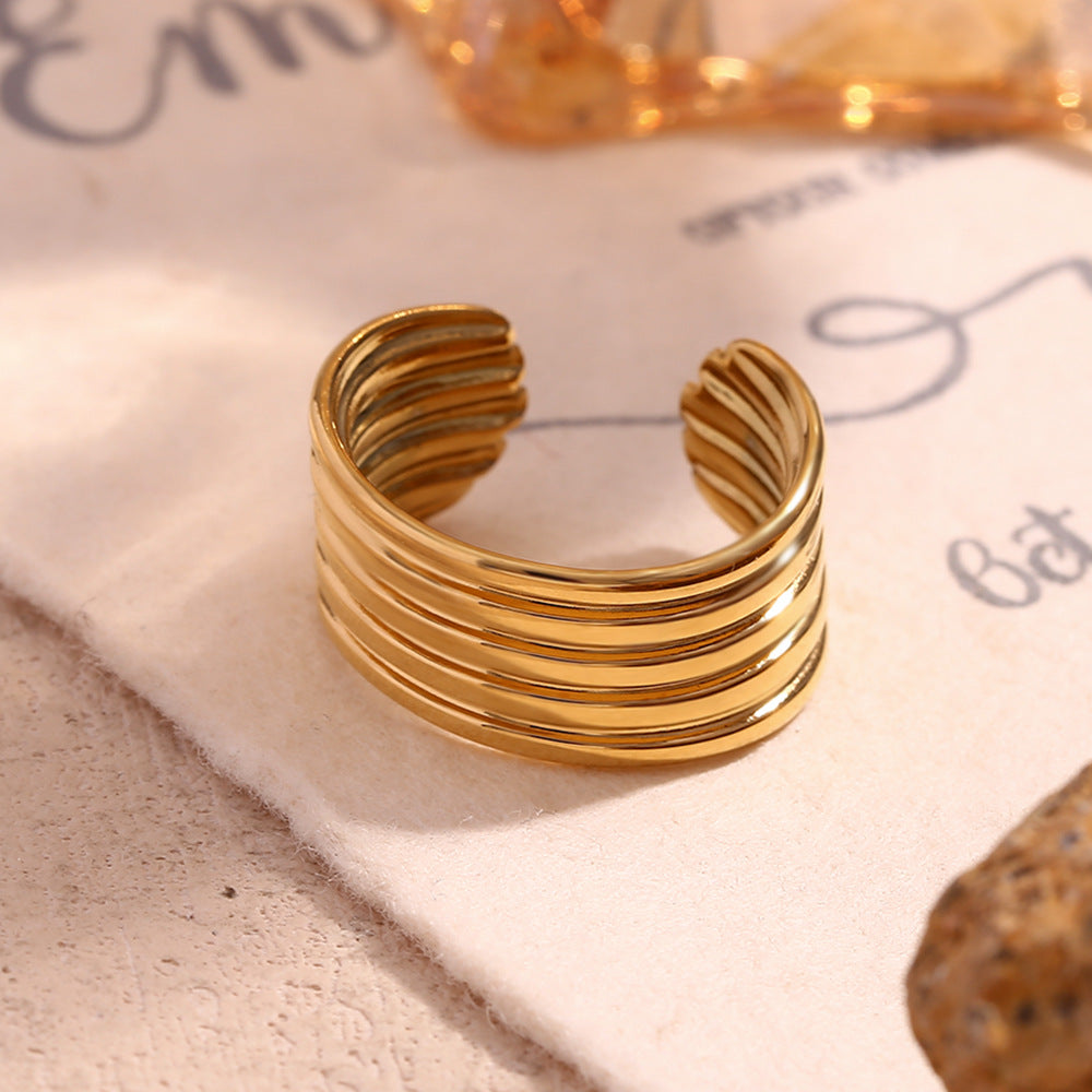 Minimalist Geometric Stainless Steel Plated 18K Gold Vintage Open-End Multi-Layer Striped Ring for Women
