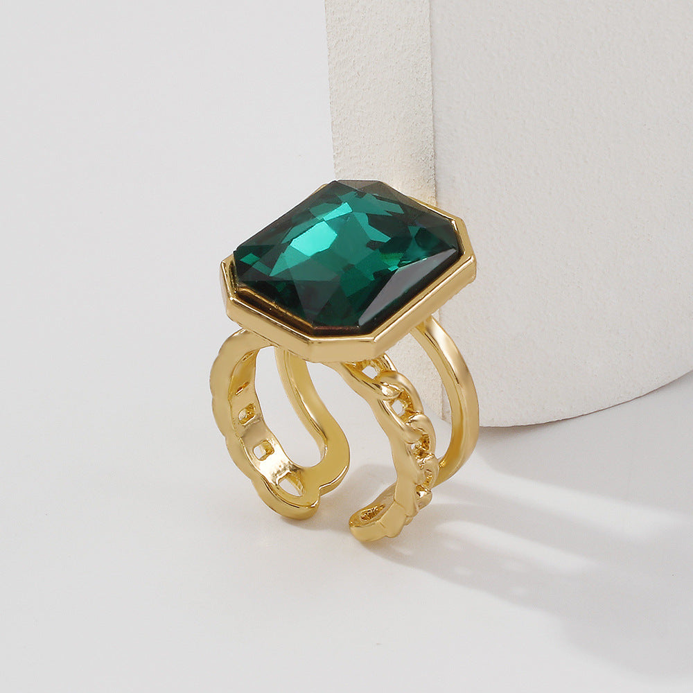 Anillo de aleación geométrica dulce y atrevido con incrustaciones de pedrería y banda de moda ajustable con acabado galvanizado