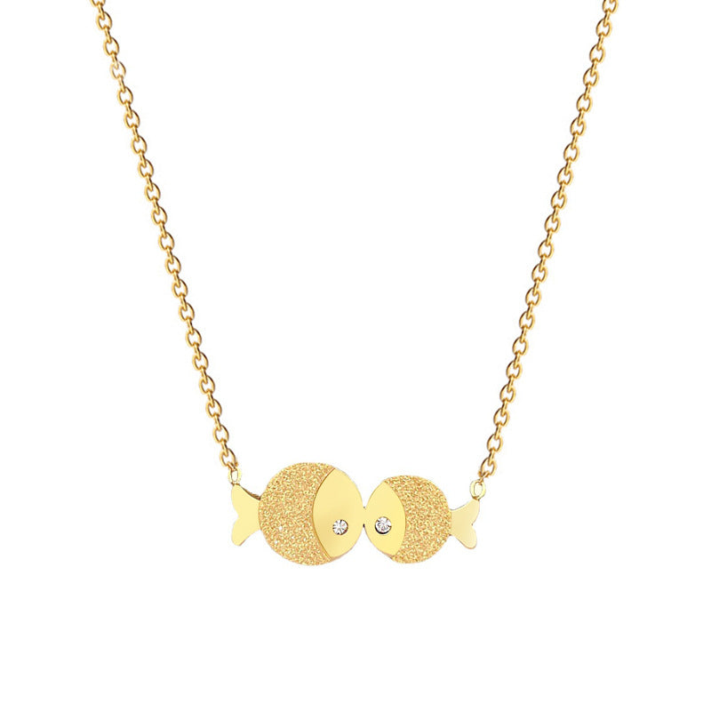 Minimalist Kissing Fish Pendant Necklace in Titanium Steel with Gold Plating for Women and Men
