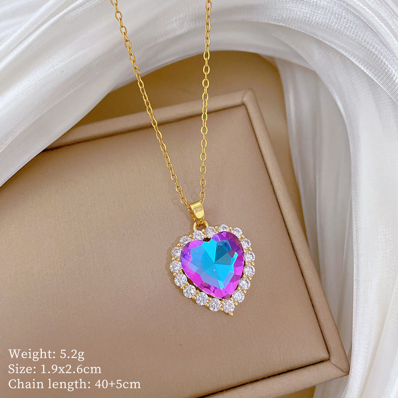 Cartoon Style Heart-Shaped Plated Copper Necklace Set with Ear Studs for Women and Men, Dainty Clavicle Chain Featuring Full Rhinestone Inlay and Fresh Sweet Aesthetic