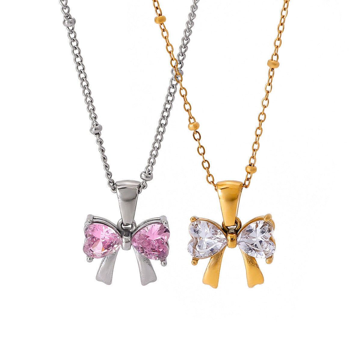18K Gold Plated Stainless Steel Bow Necklace with White Cubic Zirconia for Women