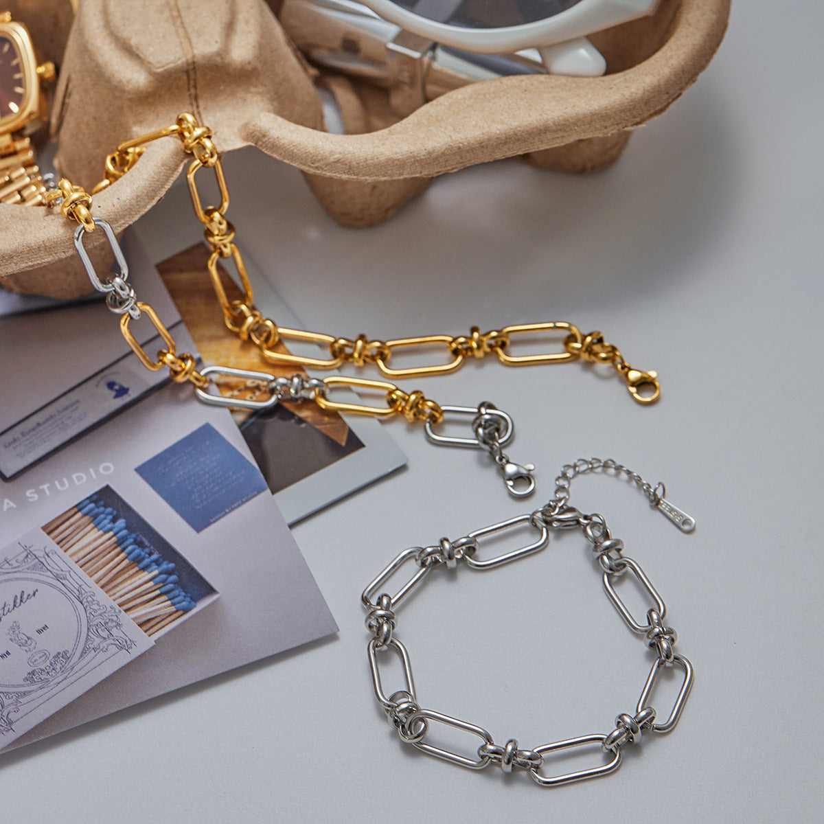 Geometric Plated Stainless Steel Cuban Link Chain Bracelet for Women