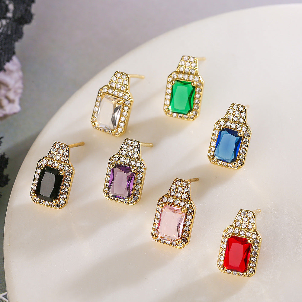 Minimalist Square Zircon Stud Earrings for Women in Copper with Gold Plating and Micro-Pave Setting
